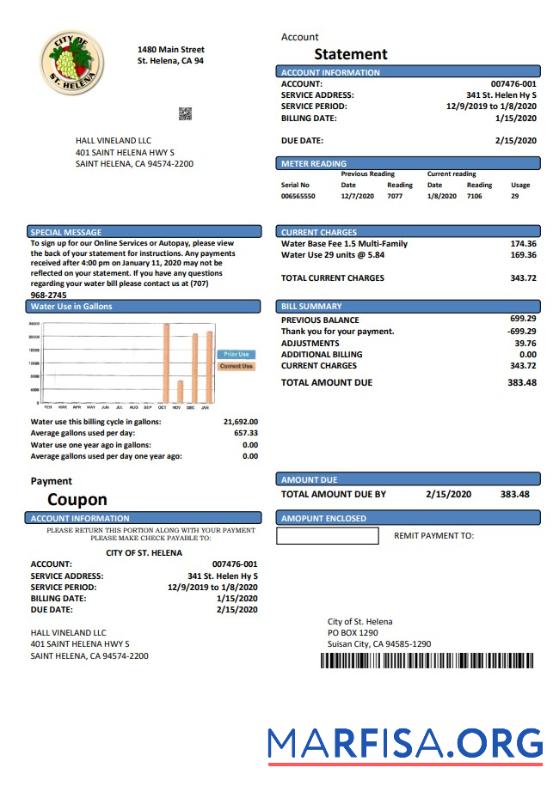 Printable USA California City of St Helena utility bill template in Word and PDF format